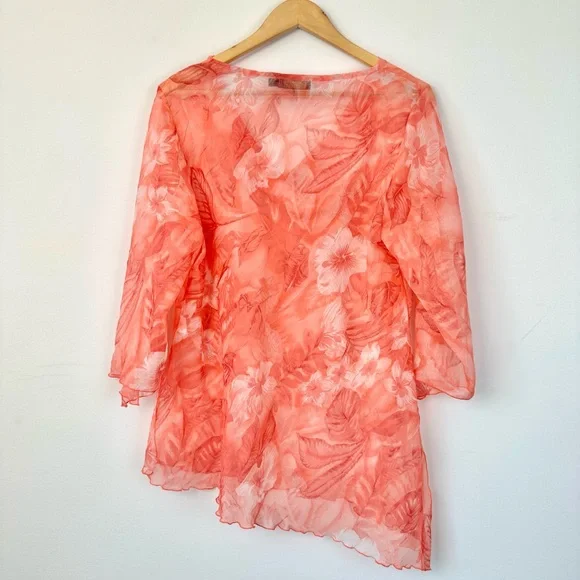 Vintage Picadilly Orange and Pink Floral Asymmetrical Sheer Blouse 3/4 Sleeves - Picture 10 of 15